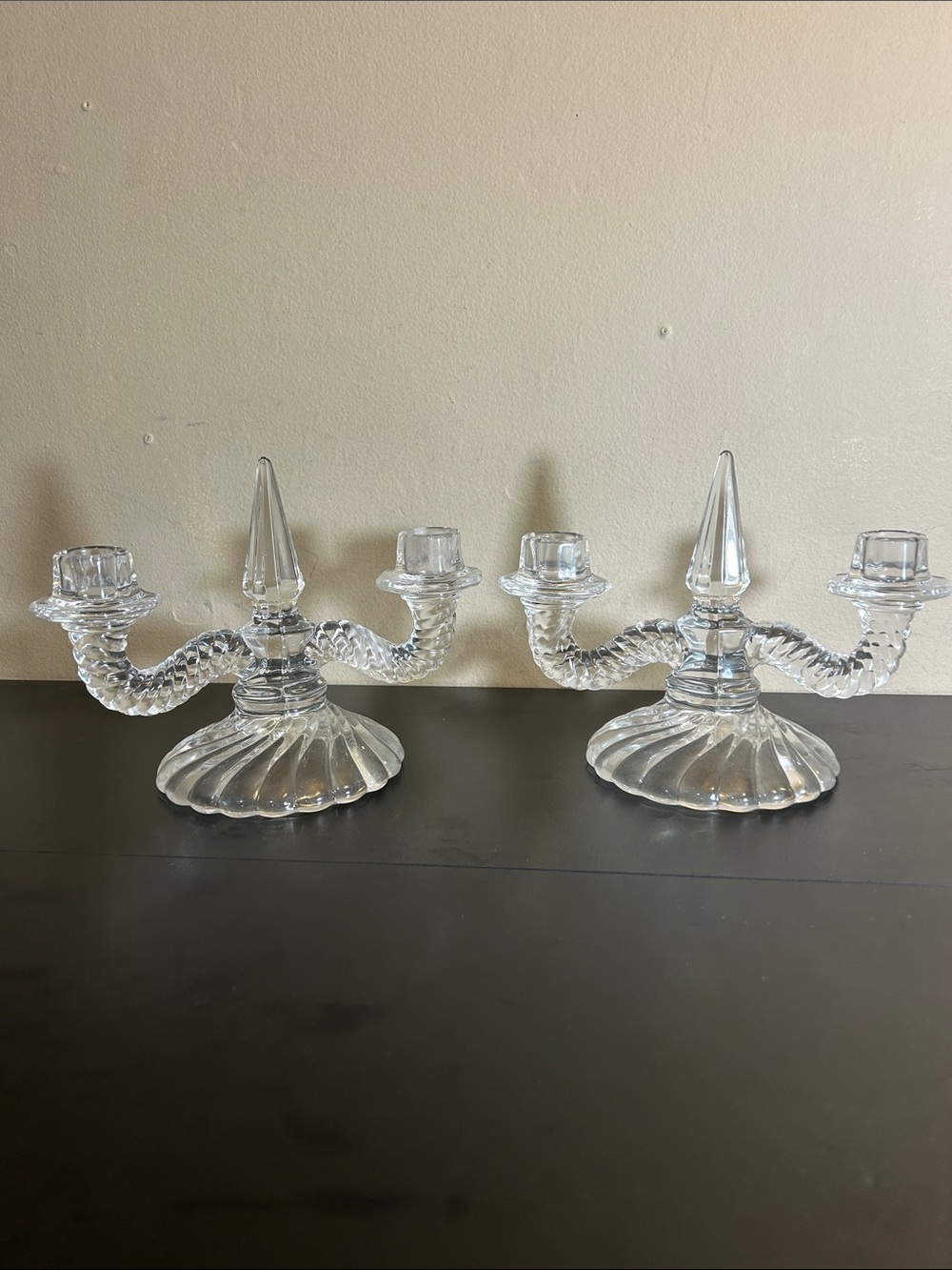 Pair Vintage Fostoria Colony Glass Double Light Candlestick Holders.